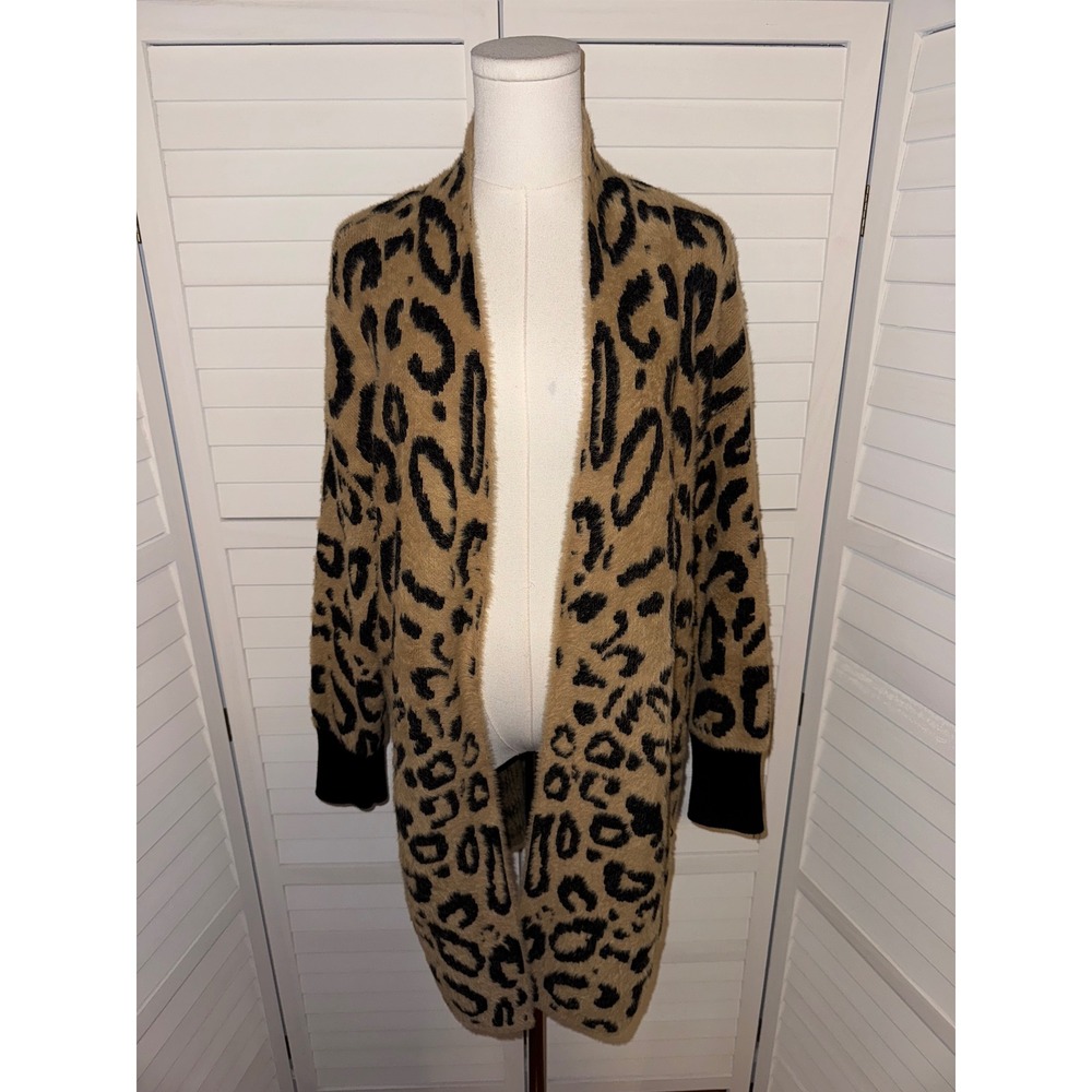 Westbound Leopard Print Fuzzy Knit Cardigan Long Sleeve Open Front Size L - Picture 2 of 6